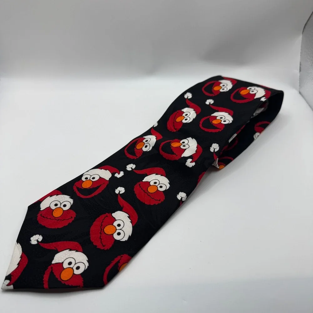 Sesame Street OS Necktie Mens Black Elmo Santa Hat Christmas Silk Handmade
